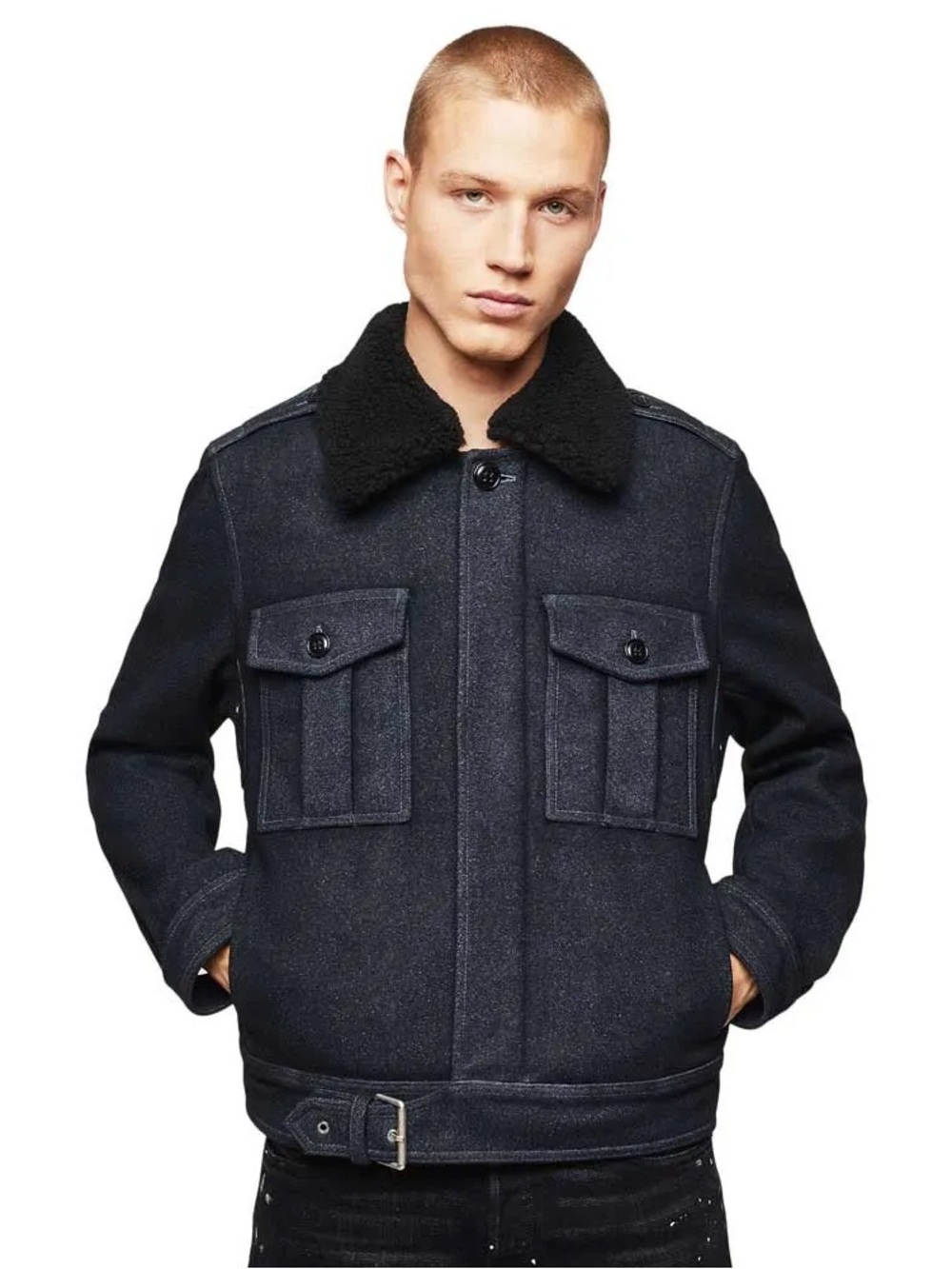 Diesel W Vladimir Black Navy Military Field Jacket with Sherpa Collar